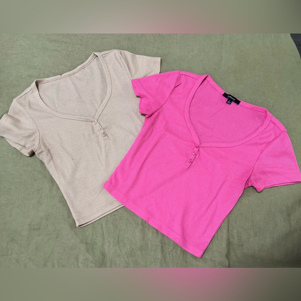 Two crop tops one pink one tan, three bags